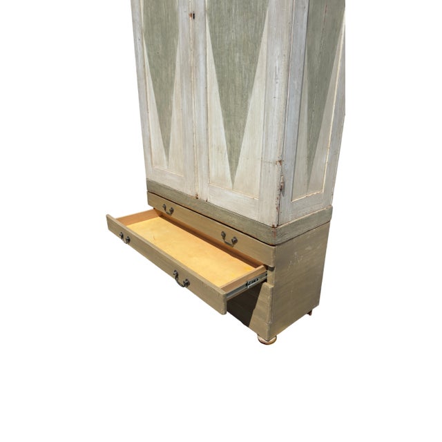Antique Gustavian Style Painted Armoire With Painted Diamond Panels & Coral Interior For Sale - Image 12 of 14
