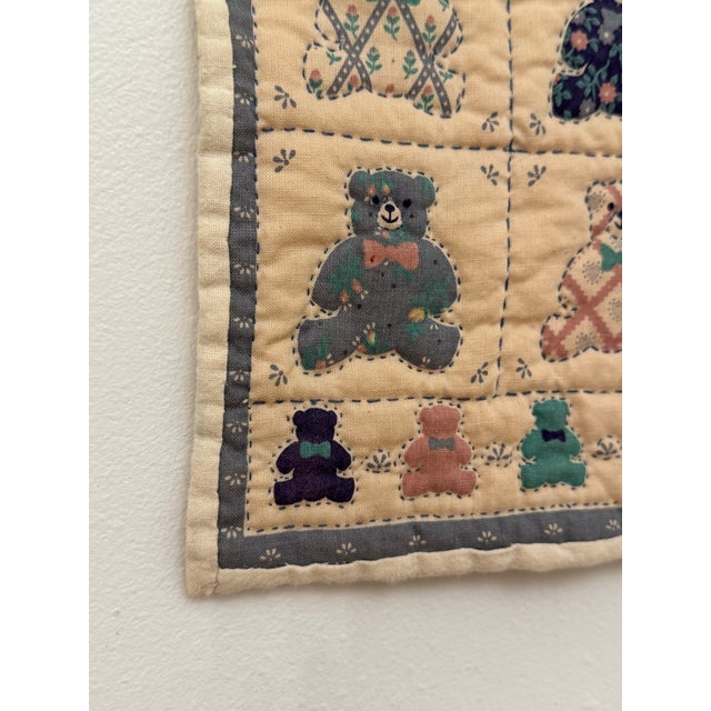 Pair of Vintage American Folk Art Hearts & Bears Quilted Textile Art, Dusty Pink, Baby Blue, Off-White For Sale - Image 10 of 12