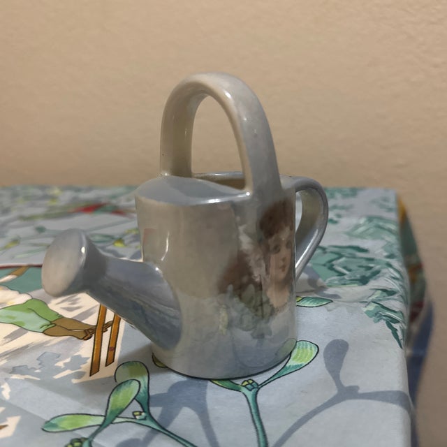 Ceramic Vintage Miniature Ceramic Watering Can Figurine – Iridescent Lusterware With Victorian Girl Portrait, Shabby Chic Curio Decor For Sale - Image 7 of 7