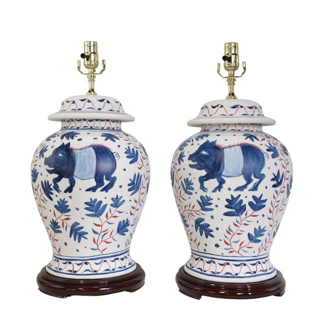 Pair of Vintage Brunschwig & Fils Cadiz Table Lamps - Blue and Cream Ceramic With Boar and Deer Motif For Sale - Image 16 of 17