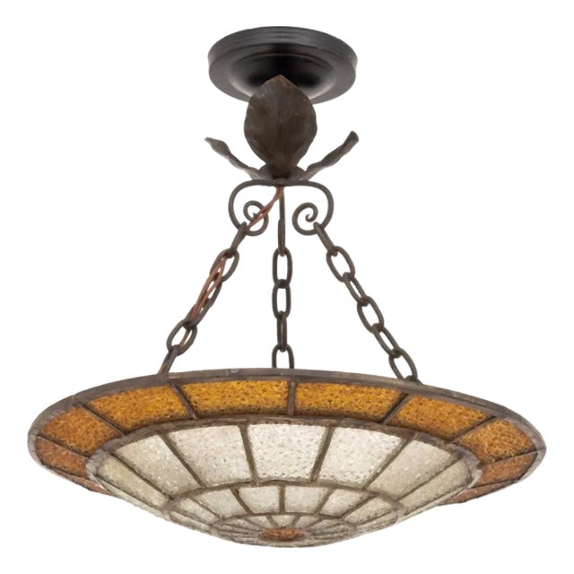 Art Deco Textured Glass and Iron Pendant Light For Sale