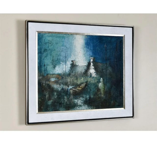Expressionist Rustic European Blue White and Teal Village Landscape Painting With Boat For Sale - Image 4 of 16