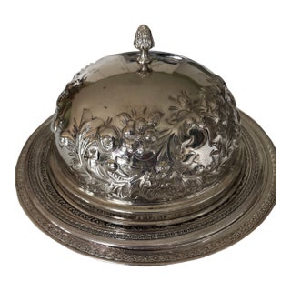 1930s Art Nouveau Rare Ornate Silver Meat Food Cloche Cover With Finial For Sale