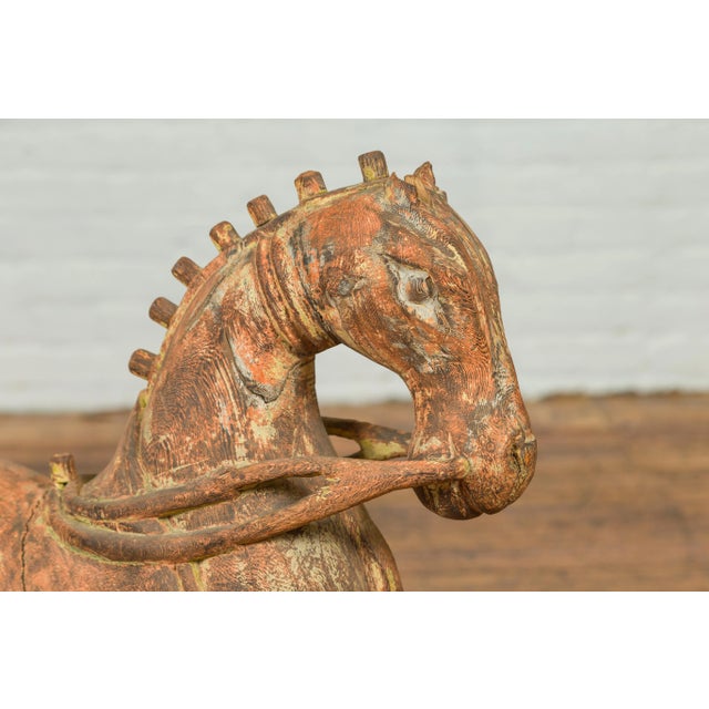 Wood Mid 20th Century Small Vintage Indian Exterior Rust Colored and Carved Wooden Horse from Madras For Sale - Image 7 of 13