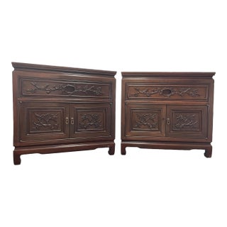 1990s Pair of Dark Cherry Elmwood Flower and Birds Oriental Nightstands For Sale