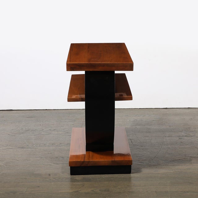 Pair of Art Deco Machine Age Two-Tier Side Tables in Walnut & Black Lacquer For Sale - Image 12 of 18