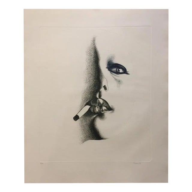 Giacomo Porzano, Smoker in White, Etching, 1972 For Sale