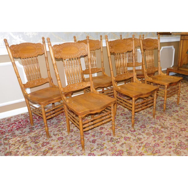 1990s Pressed Back Oak Spindle Kitchen Dining Room Chairs Set of 6
