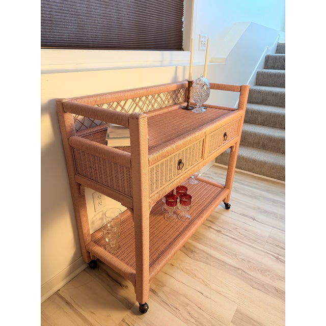 Vintage Henry Link Wicker Bar Cart / Side Table - Two Drawers & Casters For Sale - Image 10 of 12