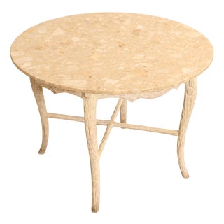 Late 20th Century Faux Bois Carved Wood & Marble Top Round Accent Table For Sale