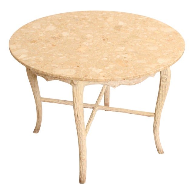 Late 20th Century Faux Bois Carved Wood & Marble Top Round Accent Table For Sale