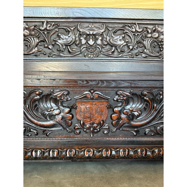 19th Spanish Baroque Carved Large Hall Bench With Storage For Sale - Image 13 of 15