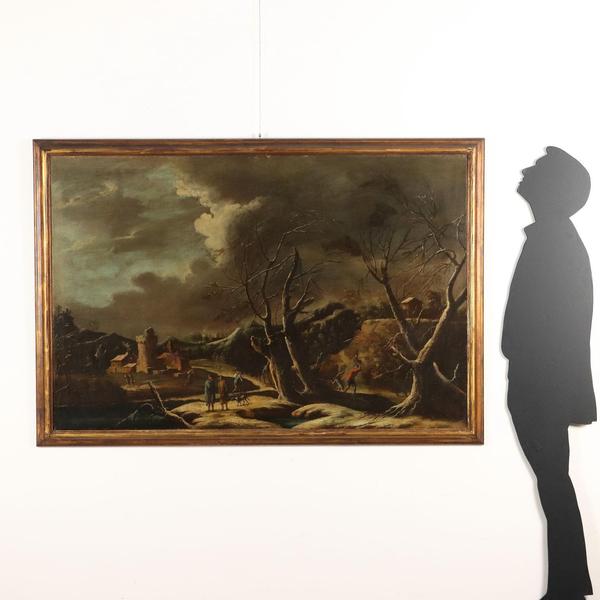 Oil on canvas. In a winter countryside landscape, sprinkled with snow, on the bare, dark, arid nature, a path winds...