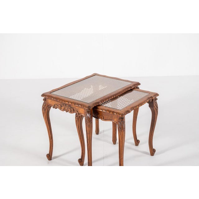 Vintage Nesting Tables with Cane and Glass Top, Set of 2 For Sale - Image 9 of 11