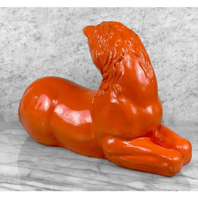 Vintage Hollywood Regency Large Orange Plaster Unicorn Sculpture For Sale - Image 4 of 10