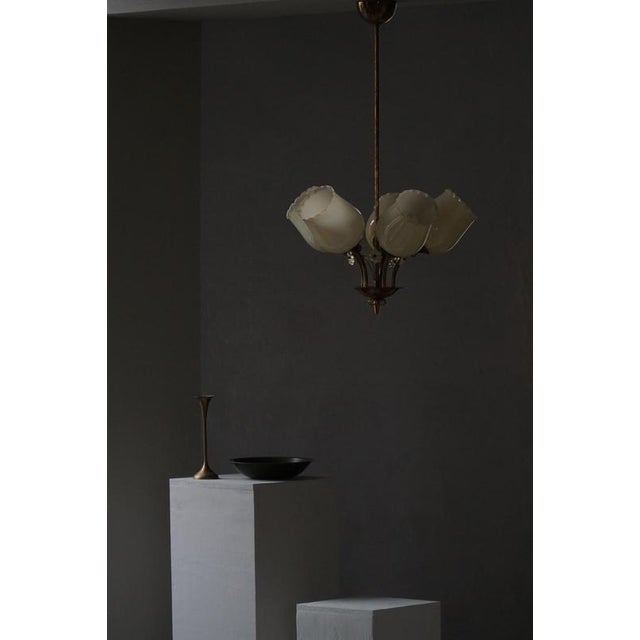 White Mid-Century Modern Pendant Light in Brass and Glass, 1950s For Sale - Image 8 of 14