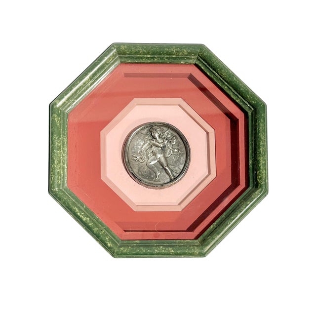 Set of 4 Vintage French Neoclassical Style Green and Pink Octagonal Framed Silver Cherub Medallions For Sale - Image 13 of 15