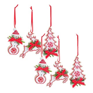 Nordic Snowflake Character Tree Ornament with Pine Bow Accent (Set of 6) For Sale