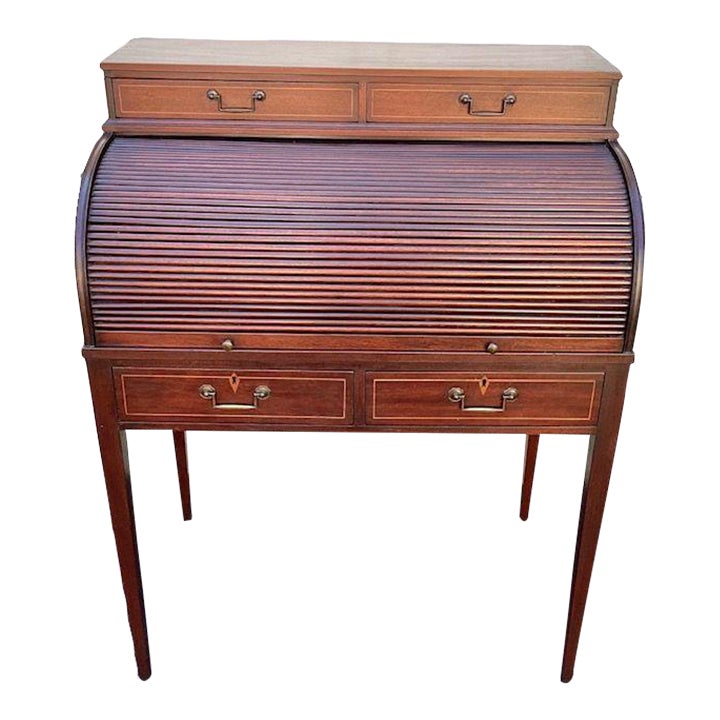 Mid 20th Century Nice Inlaid Mahogany Small Size Roll Top Desk Colonial