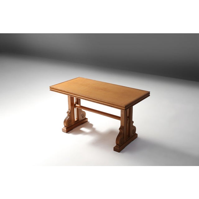 Art Deco Oak Coffee Table with Sculpted Details, Belgium, 1940s For Sale - Image 4 of 12