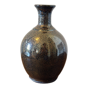 Vintage Hand Thrown Pottery Vase in Black and Gold Oil Dot Glaze