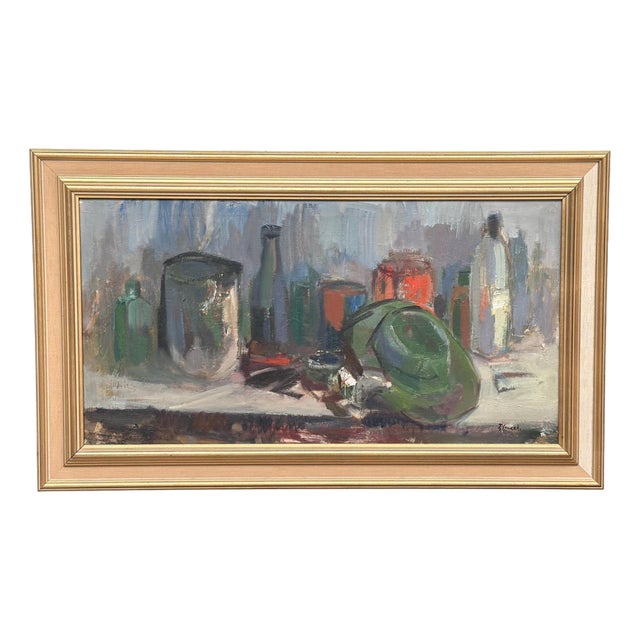 Jerzy Luczak, Hat and Bottles, 1960s, Oil on Canvas, Framed For Sale