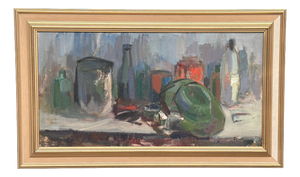 Jerzy Luczak, Hat and Bottles, 1960s, Oil on Canvas, Framed