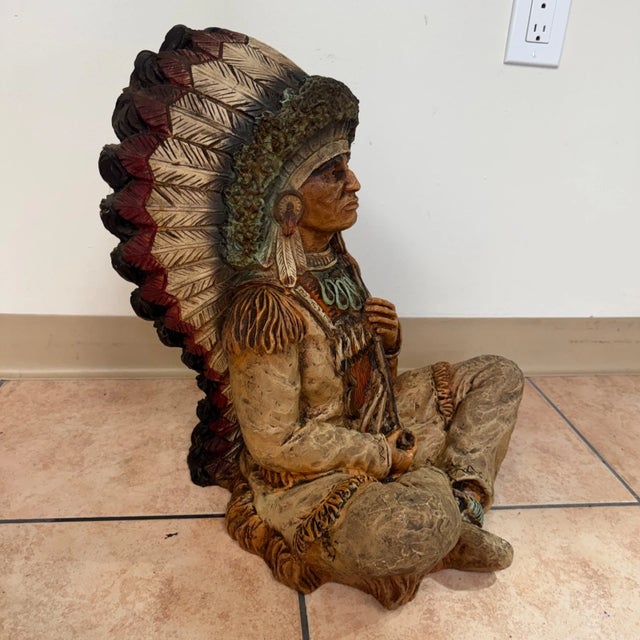 Native American Vintage 1973 Hand Carved Wood Native American Indian Chief Statue 24" Signed For Sale - Image 3 of 14
