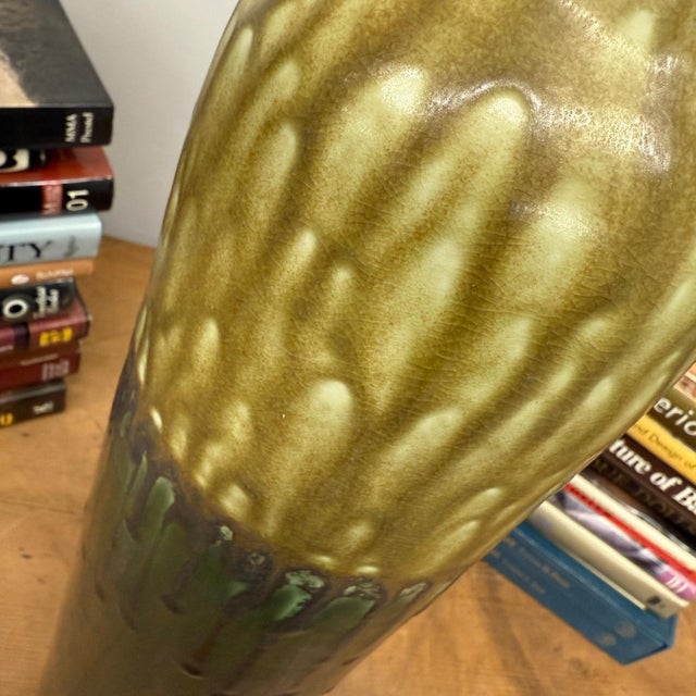 Two-Tone Green Ceramic Vase with Mustard Drip Glaze Accent For Sale - Image 9 of 9