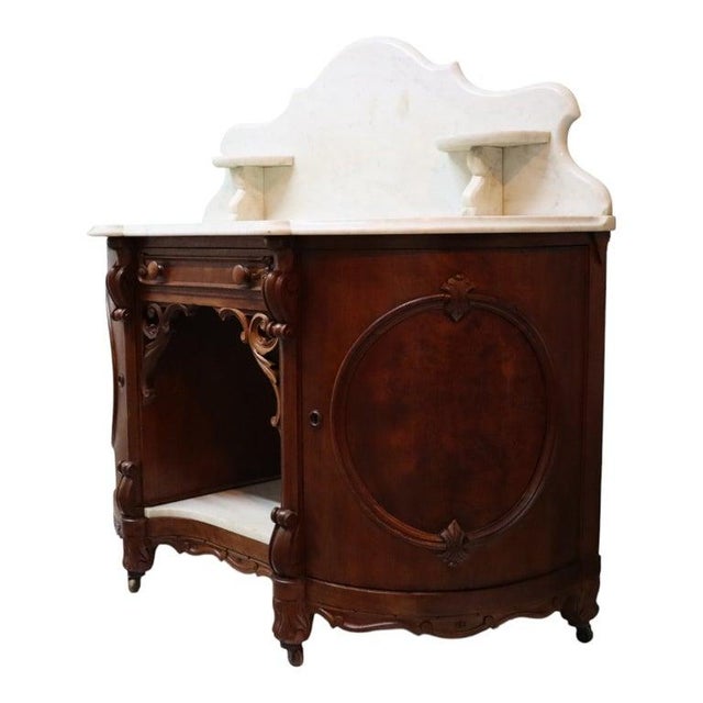 Victorian Carved Walnut & Burl Marble Top Server Desk With Candle Stands C1880 For Sale - Image 3 of 11