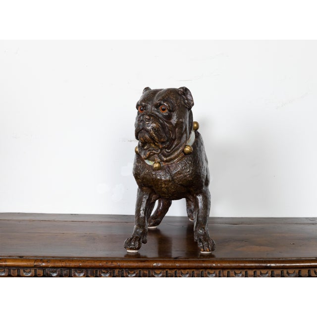 Glass English 1900s Standing Terracotta Pug Sculpture with Glass Eyes and Collar For Sale - Image 7 of 9