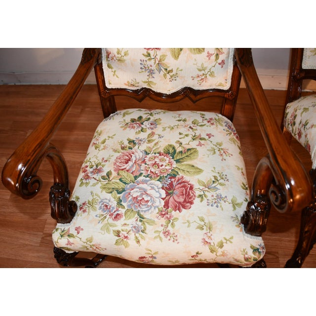 1900 - 1909 1900s Antique French Walnut Pair of Armchairs , Living Room Fireplace Chairs For Sale - Image 5 of 13