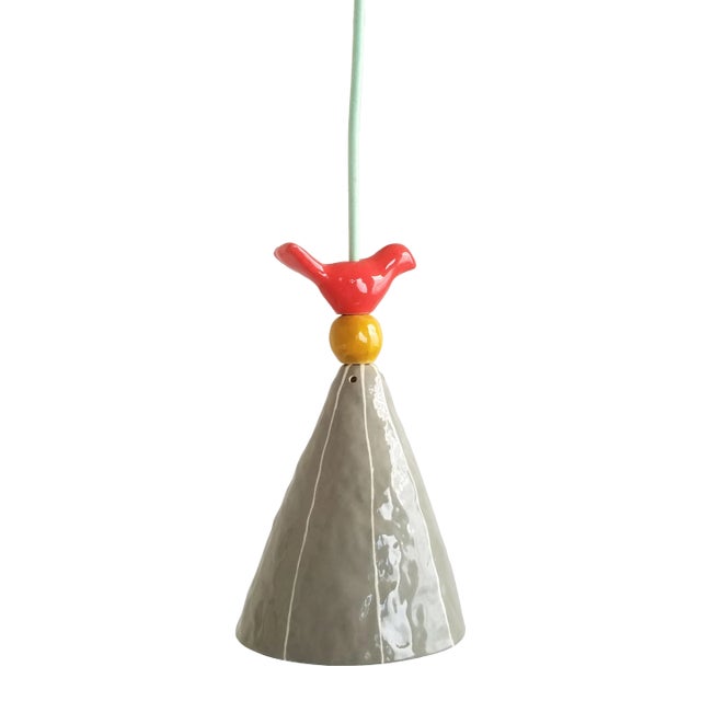 Handmade Ceramic Pendant Light, Gray With Red Bird For Sale