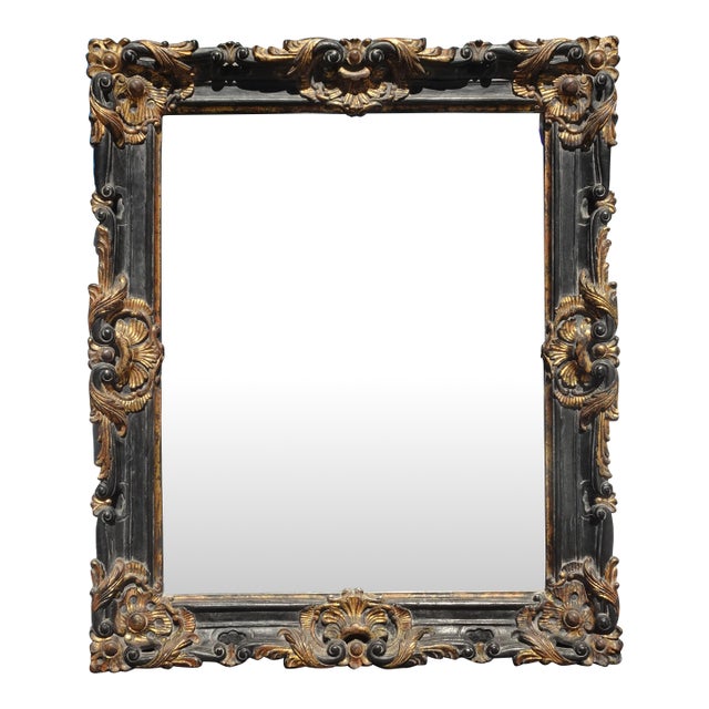 Share Tall 64" Vintage French Provincial Louis XVI Black Gold Wall Mantle Mirror Bevel For Sale