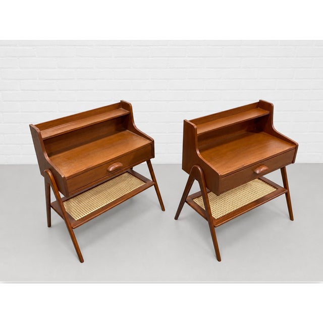 Pair of Mid Century Modern Handcrafted Caned Cabinets | Teak Bedside Tables For Sale - Image 4 of 12