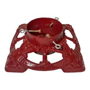 Vintage Red Enameled Embossed Cast Iron Christmas Tree Stand Large Diameter