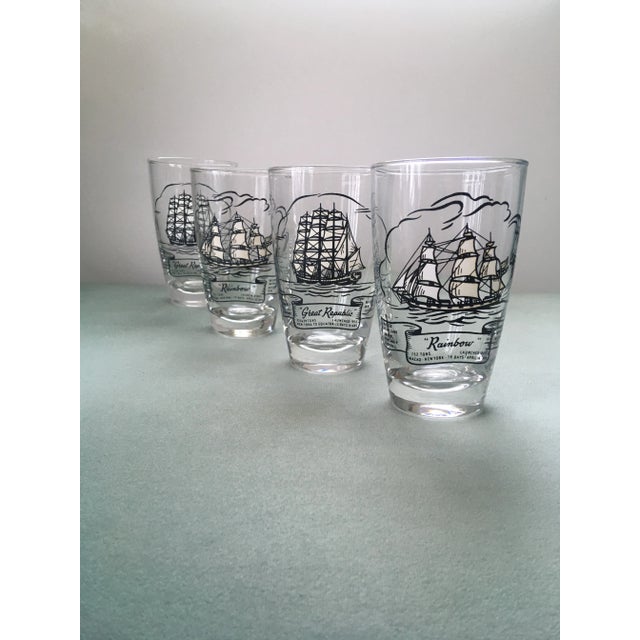 An interesting set of nautical drinking glasses featuring historical ships from the era of sail. The first ship depicted...