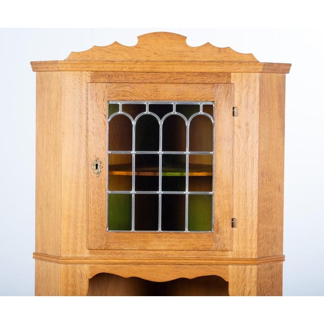 Brutalist Danish Brutalist Oak Corner Cabinet with Leaded Glass, 1960s For Sale - Image 3 of 9