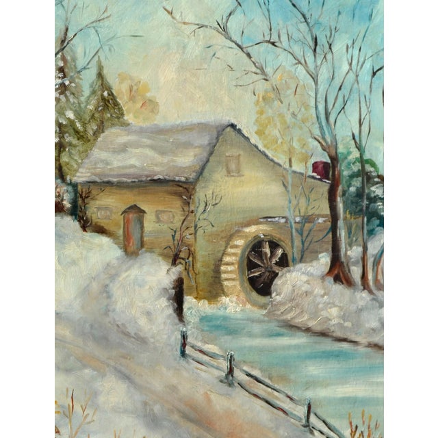 American Early 20th Century "Snow Scene With Old Mill" Winter Landscape Painting by E. Harrison For Sale - Image 3 of 4