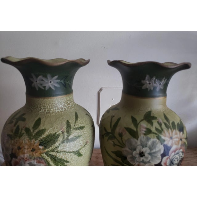 1970s Vintage 1970s Hand Crackled Painted Ceramic Vases - a Pair For Sale - Image 5 of 6