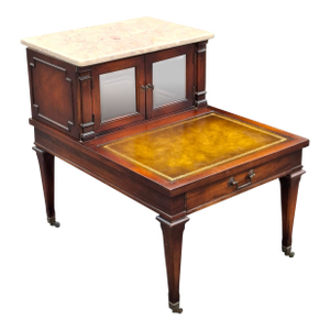 Mid 20th Century Regency Mahogany Marble and Stenciled Leather Top Side Table Attributed to Weiman