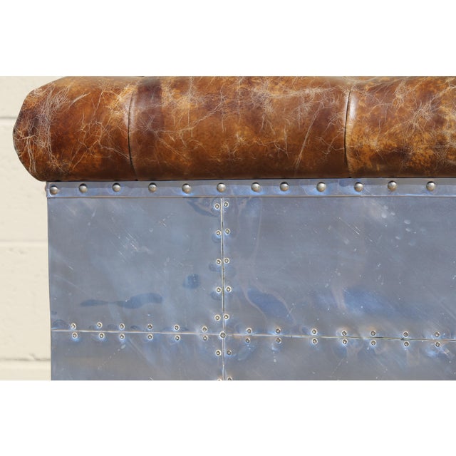 Industrial Aviator Chesterfield Sofa in Distressed Brown Leather & Riveted Aluminum Panels For Sale - Image 15 of 18