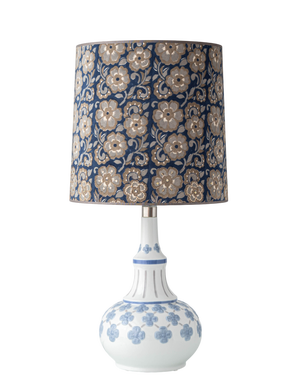 Blue and White Porcelain Floral Table Lamp from Lladró with Embroidered Sari Silk Lampshade, 1970s