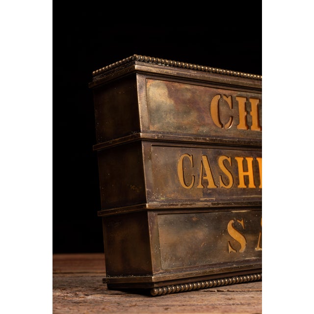 Vintage Illuminated Brass Bank Teller Sign For Sale - Image 4 of 8