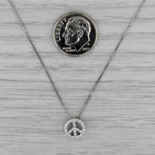 0.16ctw Diamond Peace Sign Pendant Necklace 14k White Gold 17.5" Box Chain For Sale In Greensboro - Image 6 of 6