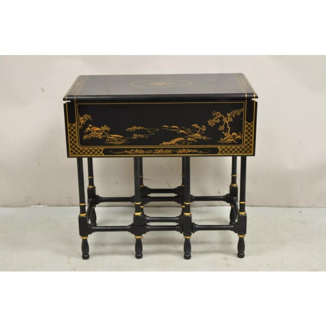 Chinoiserie Mid 20th Century Drexel Et Cetera Asian Chinoiserie Black Lacquer Small Gateleg Side Table For Sale - Image 3 of 12