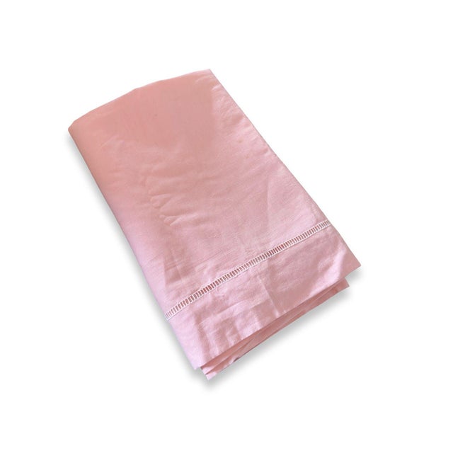 Antique French Linen Sheet Blush Coral Pink Trousseau Textile Ladderwork Detail Hand Pulled Stitch 1920s Romantic Bedding Fabric For Sale - Image 9 of 11