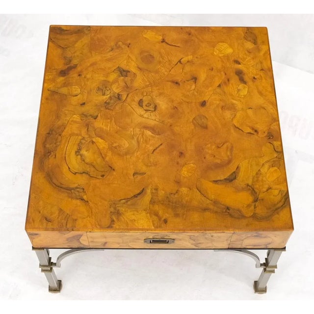 Square Burl Olive Wood Campaign Style Pull One Drawer Large End Side Table For Sale - Image 10 of 13
