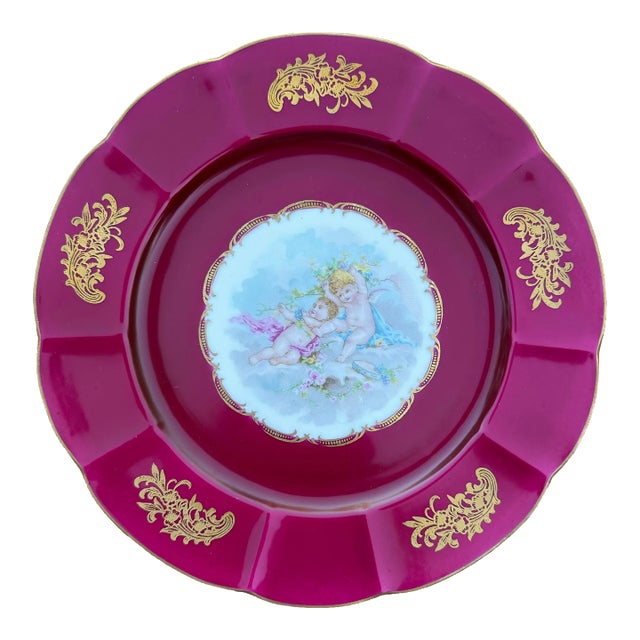 Vintage French Hand Painted Cherubs Gold Gilt Red Porcelain Decorative Plate For Sale