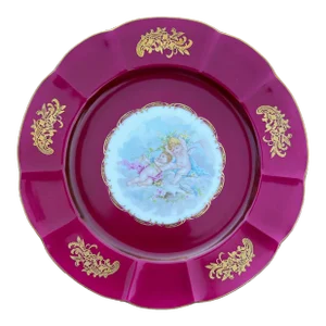 Vintage French Hand Painted Cherubs Gold Gilt Red Porcelain Decorative Plate